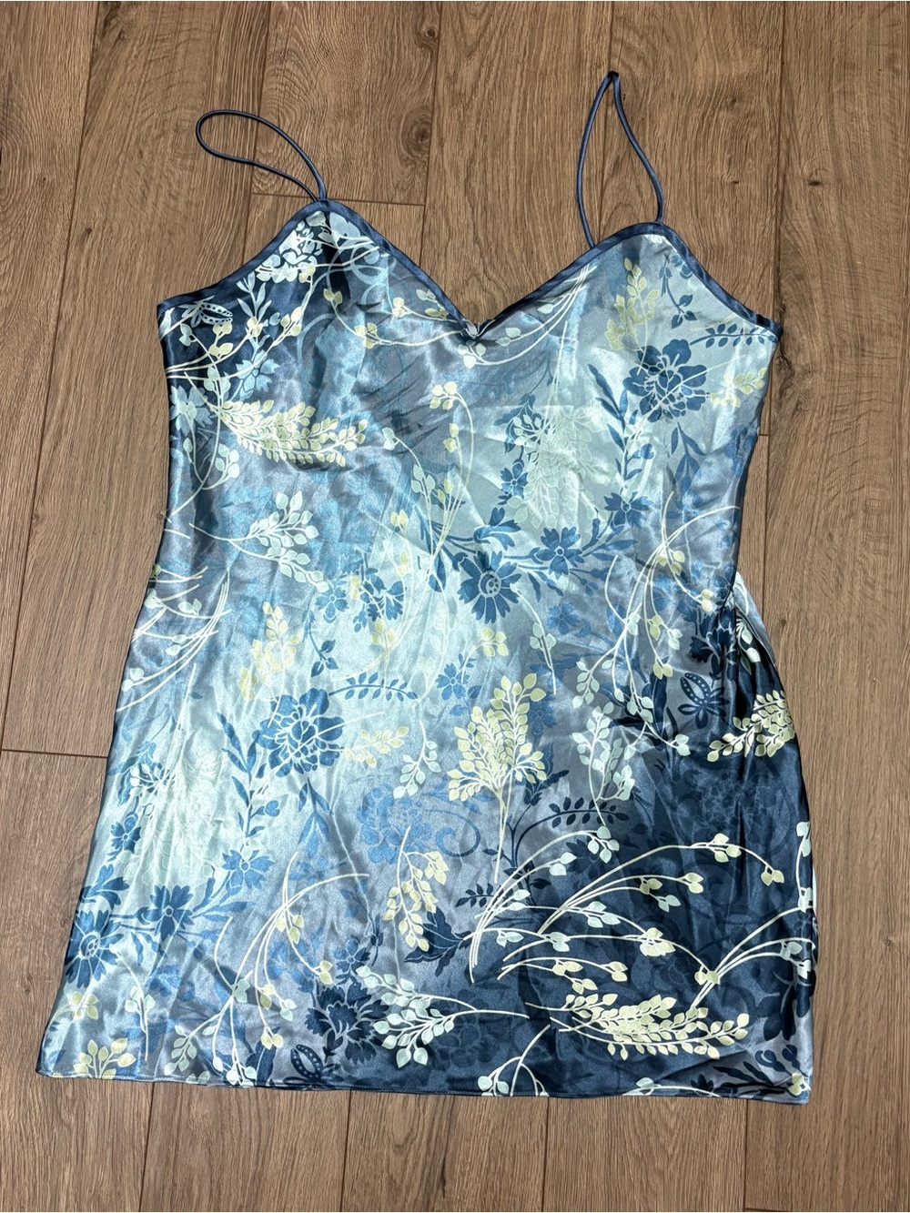 Blue floral satin slip dress tank top
